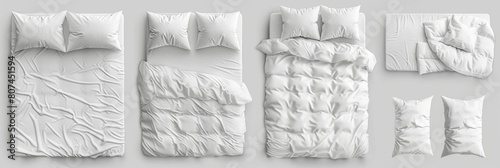 Collection set of white Empty blanket, pillows, comforter duvet bedding double king queen single bed top view on transparent cutout, PNG file. Many design. Mockup template for artwork graphic design