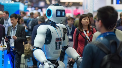 a bustling technology expo showcasing the latest innovations in artificial intelligence, robotics