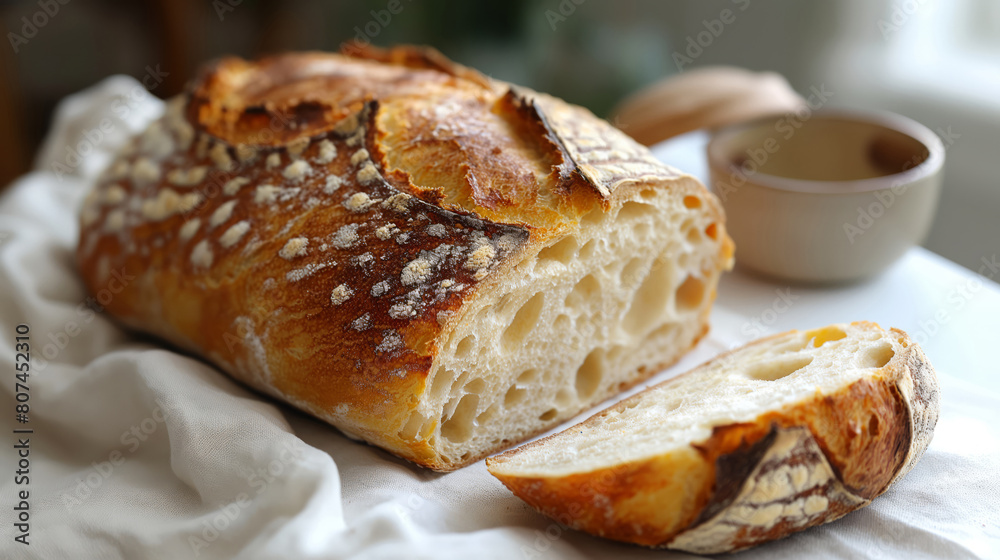 Crusty Sourdough Loaf with a Soft and Airy Interior, Showcased on a Simple Cloth, Crusty Sourdough Loaf with a Soft and Airy Interior, Showcased on a Simple Cloth,
