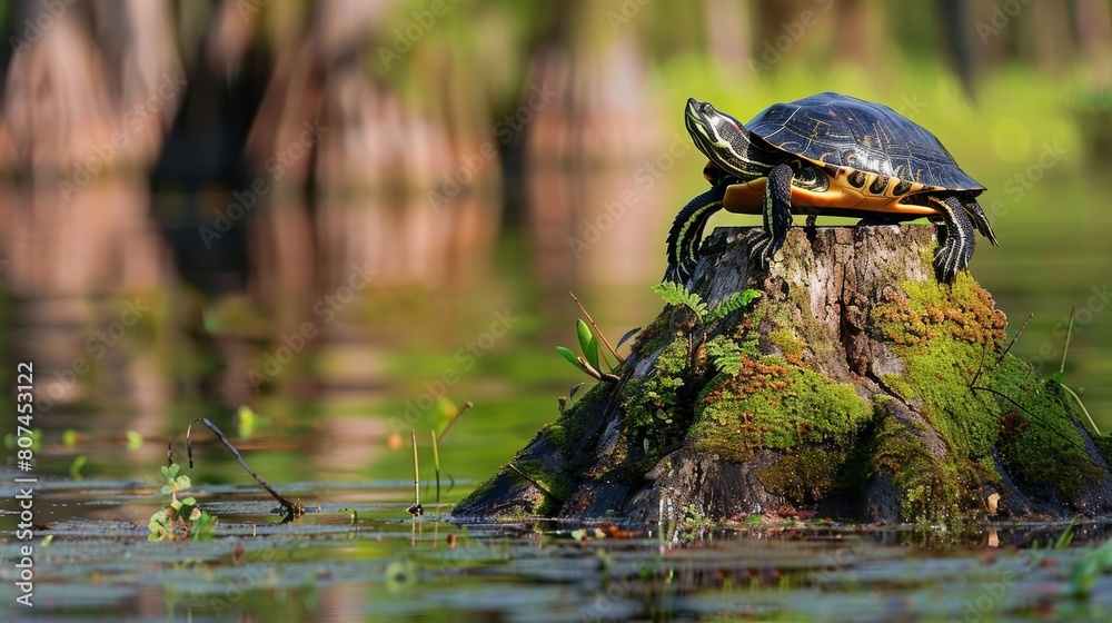 Obraz premium Yellow-bellied slider turtle enjoying the sun on a cypress tree stump, detailed textures, Greenfield Lake's calm waters behind