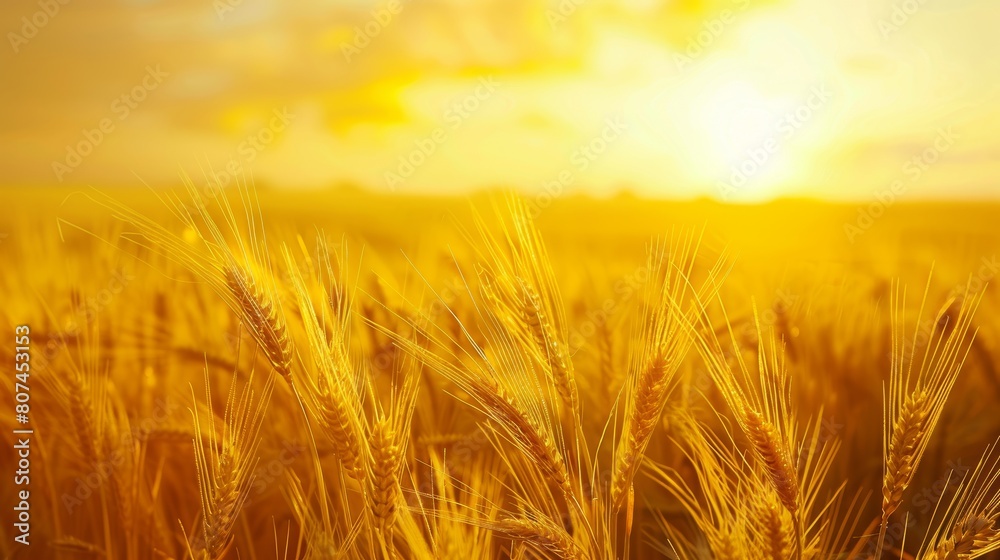 Wide field of barley, foreground focus, under a vivid yellow sky at sunset, perfect for atmospheric backgrounds