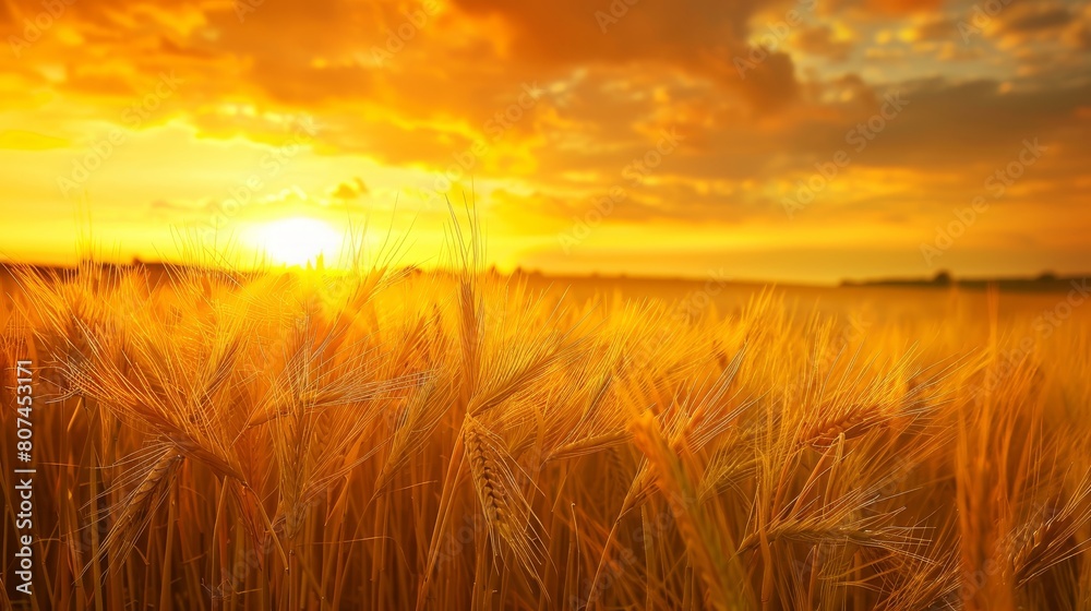 Wide field of barley, foreground focus, under a vivid yellow sky at sunset, perfect for atmospheric backgrounds