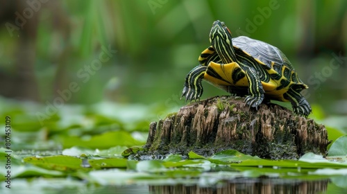 Yellow-bellied slider turtle in repose on a cypress stump, lush Greenfield Lake flora in the background, close-up