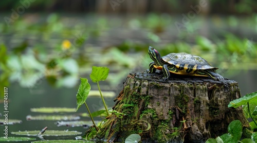 Yellow-bellied slider turtle in repose on a cypress stump, lush Greenfield Lake flora in the background, close-up photo