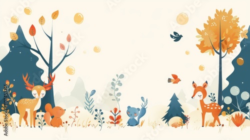 A whimsical doodlestyle background depicting cute animals  trees  and bubbles  minimalist design  tailored for a childrens book illustration