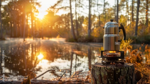 Vibrant outdoor setup with a stainless steel kettle on a gas burner, mounted on a cypress stump in a forest, beneath a bright yellow sky