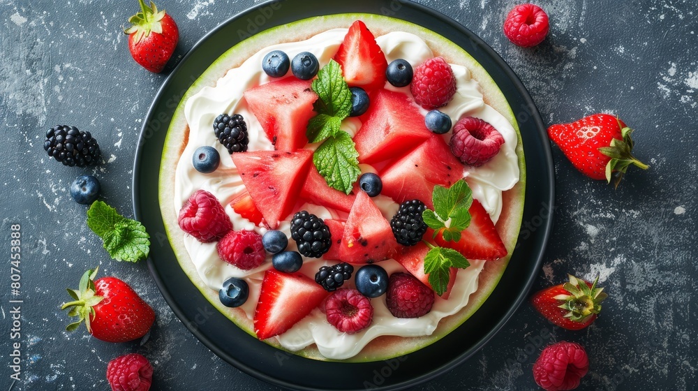 Top view of a colorful watermelon pizza with creamy yogurt and fresh berries, isolated background, studio lighting enhances freshness
