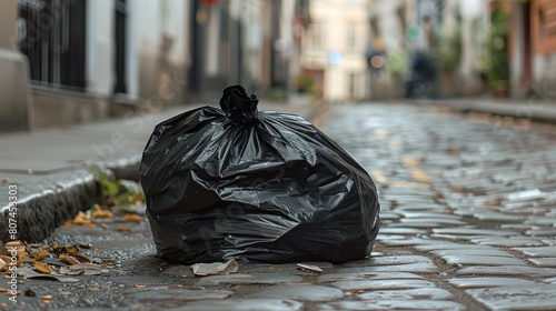 Urban environment close-up of a dark waste bag on a side street, capturing the essence of city life and disposal practices