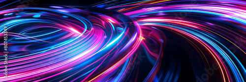 a colorful neon swirl of light trails  with vibrant colors and dynamic motion effects against the dark background  generative AI