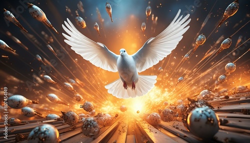 a white dove flies over explosions among falling bombs