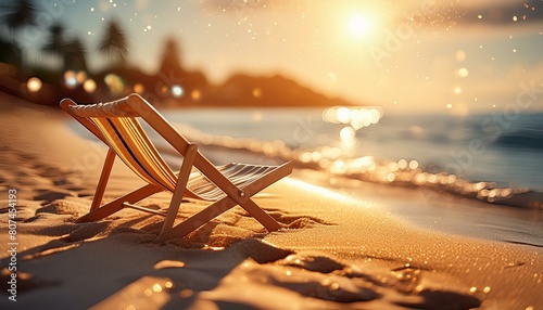 vacation, sandy ocean shore at sunset, water view