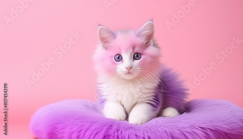 An adorable cute kitty cat with pink and purple pastel fur sits atop a fuzzy purple cushion. A fantasy funny playful pet animal portrait.