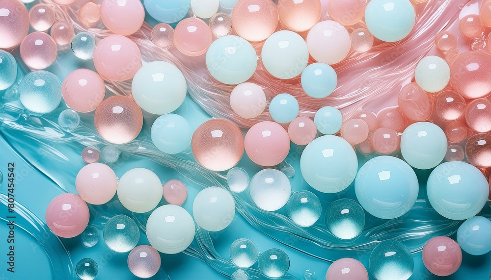 Abstract background of pastel pink and blue bubbles or spheres over a liquid wavy base. Abstract background of pastel pink and blue bubbles or spheres over a liquid wavy base.