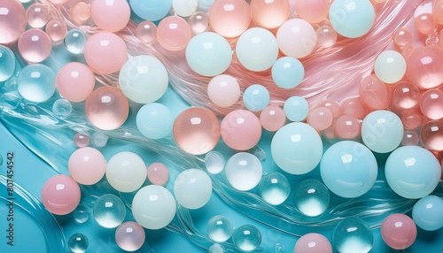 Abstract background of pastel pink and blue bubbles or spheres over a liquid wavy base.