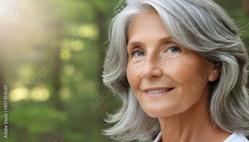 A mature naturally beautiful older woman with grey hair and no makeup, looking forward, outside in the woods.