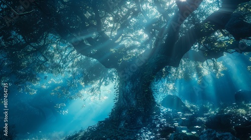 Close-up of a majestic tree in an enchanted forest, infused with futuristic elements and ethereal lighting