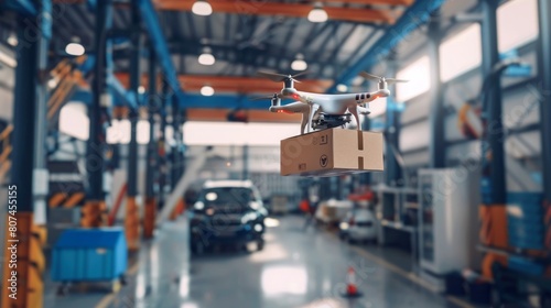 Flying delivery drone transferring parcel box from distribution warehouse to automotive garage customer service repair center background. Modern innovative technology and gadget concept