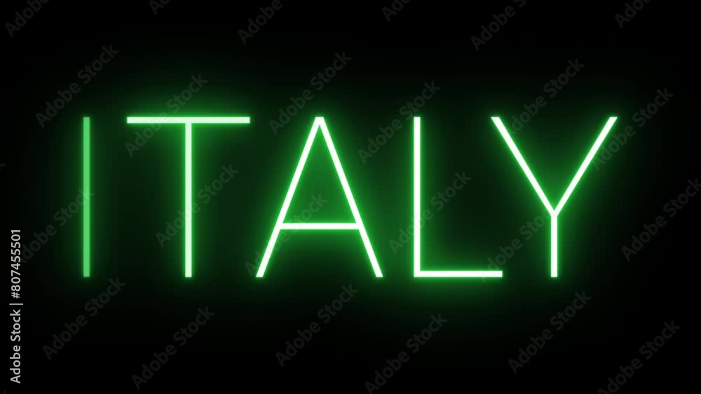 Flickering neon green glowing italy text animated on black background Flickering neon green glowing italy text animated on black background