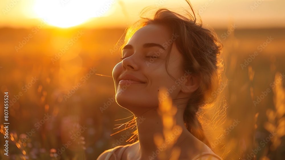 beauty of a woman standing amidst fields at sunset, her calm and happy expression illuminated by the soft golden light, eyes closed as she savors the tranquility of the moment