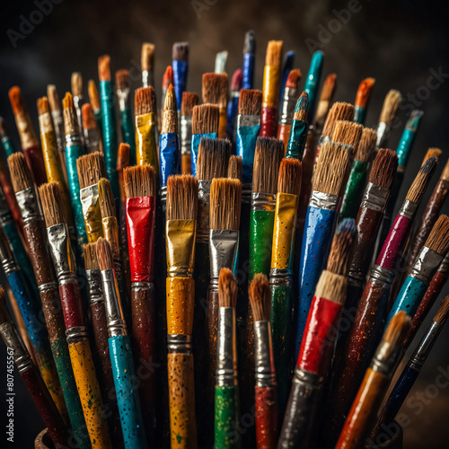 Watercolor, oil paint, powder paint, etc. Various sizes and types of paintbrushes. 