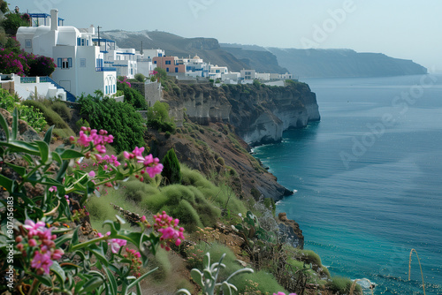 Scenic Overlook of Santorini Cliffs and Traditional White Architecture Against the Aegean Sea