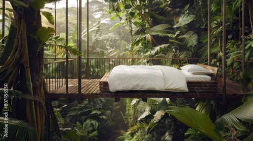 view of a bed placed on a high bridge over a forest canopy, adventurous and unique