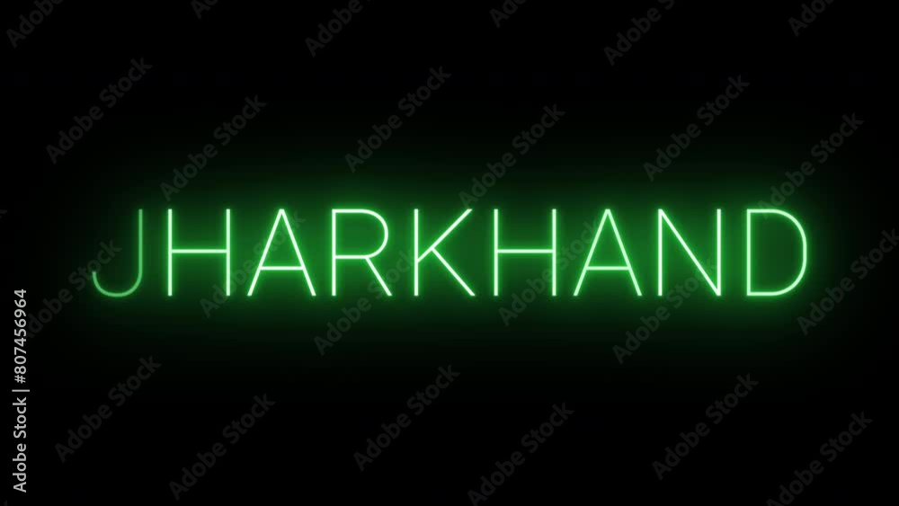 Flickering neon green glowing jharkhand text animated on black background