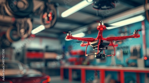Spare part delivery drone at garage storage in leading automotive car service center for delivering mechanical shipping component part assembling to customer. Modern innovative technology and gadget photo