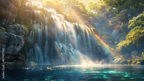 A cascading waterfall surrounded by lush greenery in a peaceful forest or park photo