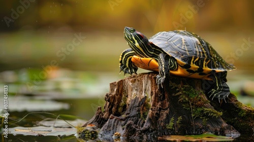 Close view of a yellow-bellied slider turtle on a wooden stump at Greenfield Lake, focusing on the interplay of textures and natural hues