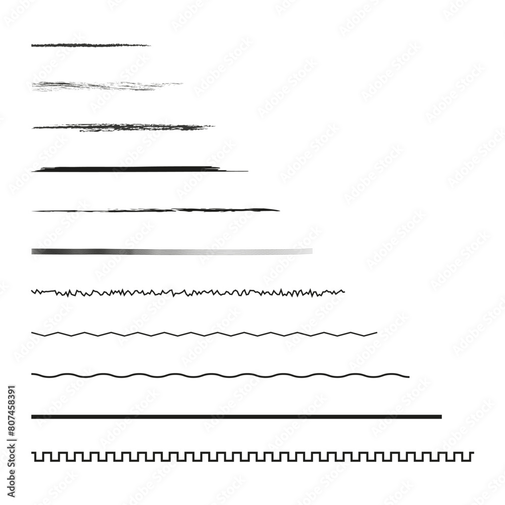 Collection of diverse line brushes. Set of artistic stroke patterns vector. Black brush lines for design use.