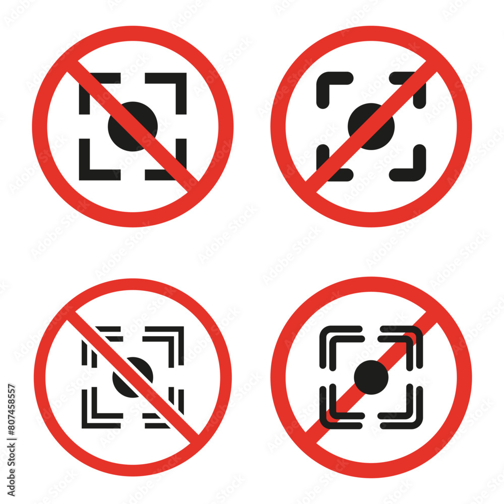 Prohibited autofocus icons set. No camera focus allowed symbols. Restricted photography or surveillance. Vector illustration. EPS 10. Prohibited autofocus icons set. No camera focus allowed symbols. Restricted photography or surveillance. Vector illustration. EPS 10.
