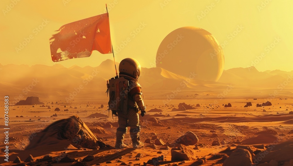 Holding a tiny flag, the baby takes their first steps on the surface of an alien planet.