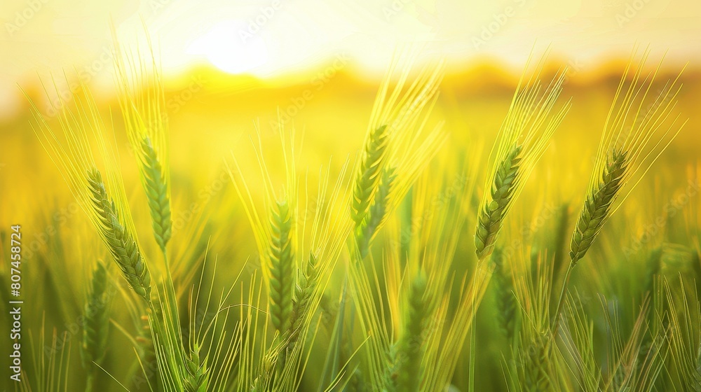 Close-up view of a barley field under a bright yellow sky, capturing the essence of rural tranquility