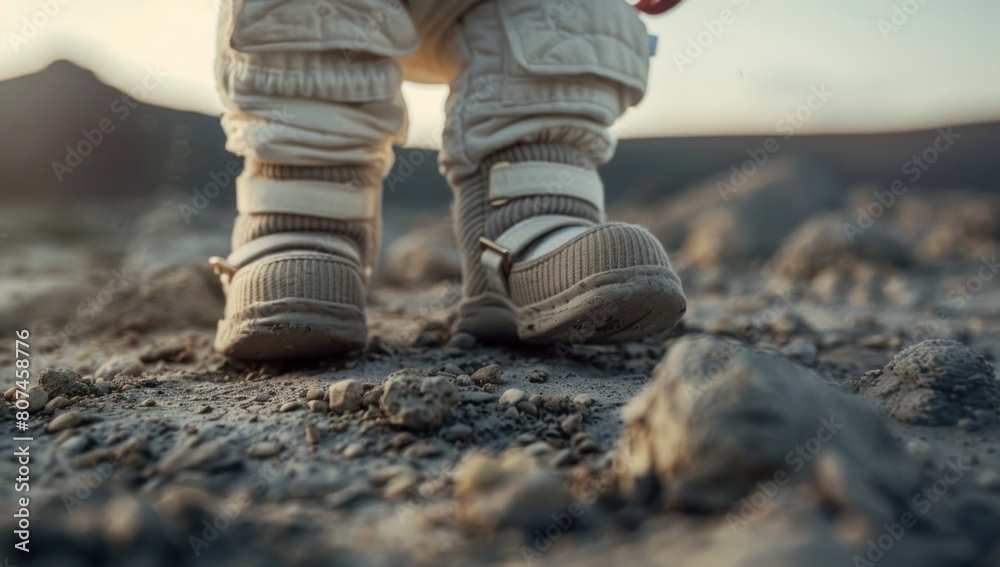 Tiny astronaut booties adorn the baby's feet as they toddle across a lunar landscape. Tiny astronaut booties adorn the baby's feet as they toddle across a lunar landscape.