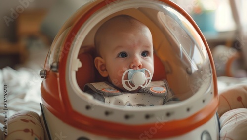 The baby sits in a miniature rocket ship, sucking on a pacifier, ready for a cosmic adventure. photo