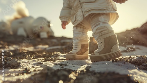 Tiny astronaut booties adorn the baby's feet as they toddle across a lunar landscape. photo