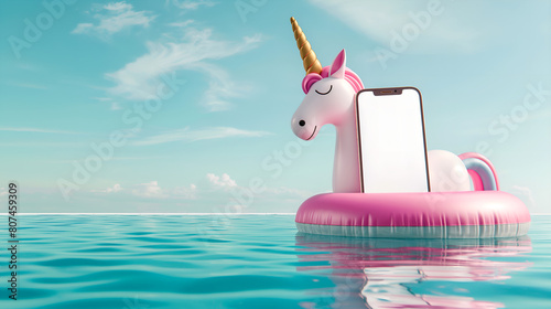 Smartphone on inflatable unicorn mattress floating in swimming pool at summer vacation. Mobile phone mockup with blank screen. Travel app advertising