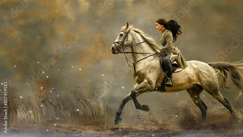 Heart of a Warrior: A Tough Woman and Her Trusted Equine Companion. Seamless looping time-lapse virtual 4k video animation background photo