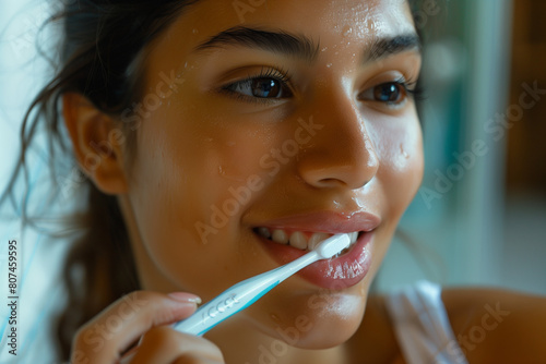 Colombian woman smiling, takes care of her dental hygiene upon waking up. scene from the life of a colombian woman. photo