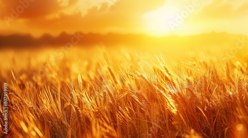 Golden sunset illuminating a wide field of barley  close-up view of the grains against a vibrant yellow sky  embodying tranquility