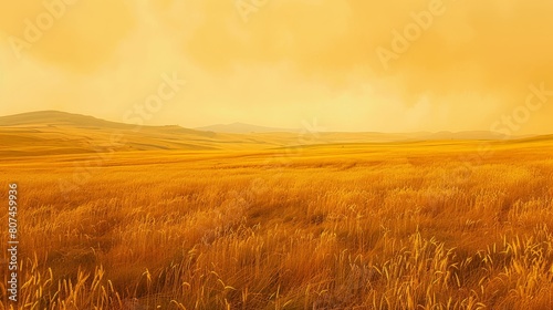 Golden barley field captured up close with a vast yellow sky overhead, highlighting the natural colors of the landscape photo