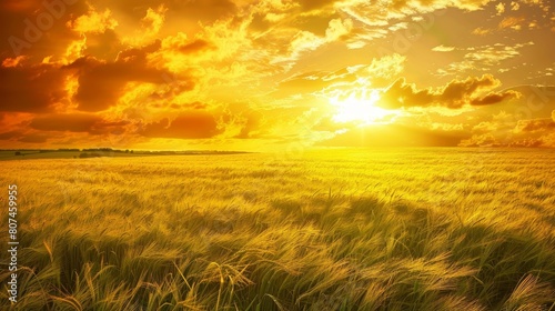Golden barley field captured up close with a vast yellow sky overhead  highlighting the natural colors of the landscape