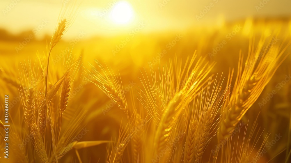 Expansive barley field in sharp focus, under a luminous yellow sky, showcasing the natural beauty and serenity of the scene Expansive barley field in sharp focus, under a luminous yellow sky, showcasing the natural beauty and serenity of the scene