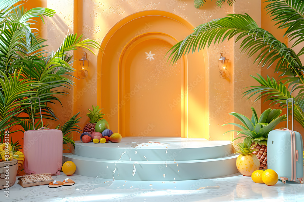 .Empty stylish podium 3D mockup background for beauty product presentation concept. Summer copy space platform surrounded by palm leaves . Cosmetics, perfume or home goods sales advertising stand. .Empty stylish podium 3D mockup background for beauty product presentation concept. Summer copy space platform surrounded by palm leaves . Cosmetics, perfume or home goods sales advertising stand.