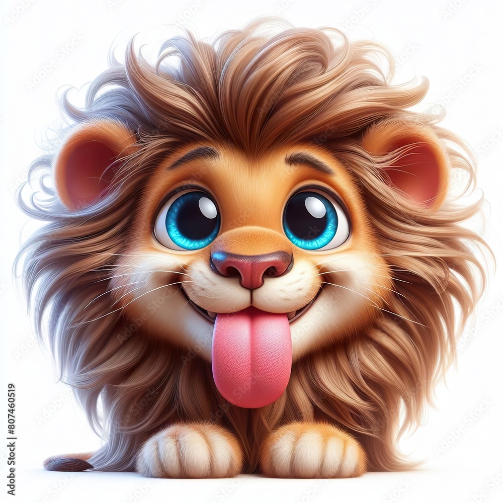Obraz premium a photorealistic whimsical cartoon lion with a mischievous grin. The lion has blue eyes and long fur