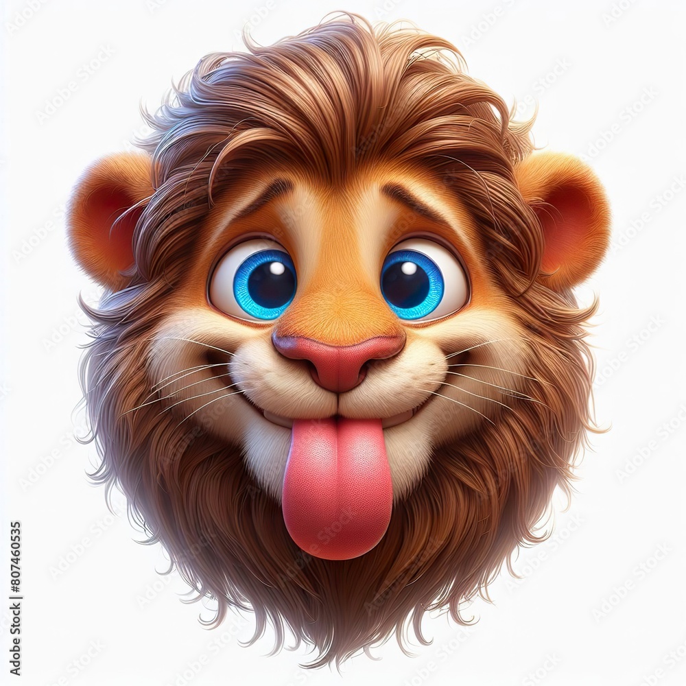 Obraz premium a photorealistic whimsical cartoon lion with a mischievous grin. The lion has blue eyes and long fur