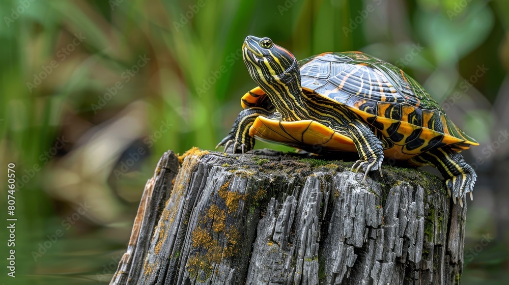 Detailed view of a yellow-bellied slider basking on a weathered wooden stump, serene backdrop of Greenfield Lake Detailed view of a yellow-bellied slider basking on a weathered wooden stump, serene backdrop of Greenfield Lake