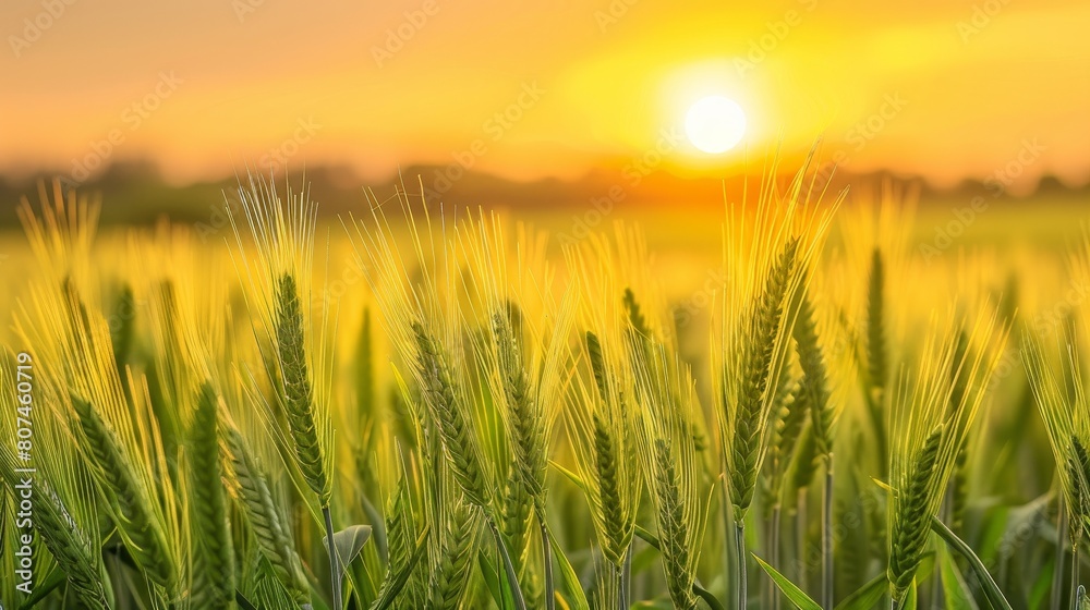 Detailed shot of a lush barley field with a deep focus, complemented by a radiant yellow sky, evoking warmth and growth Detailed shot of a lush barley field with a deep focus, complemented by a radiant yellow sky, evoking warmth and growth