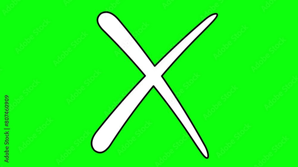 video drawing animation cross icon of rejection or cancellation, drawn in black and white. On a green chroma key background